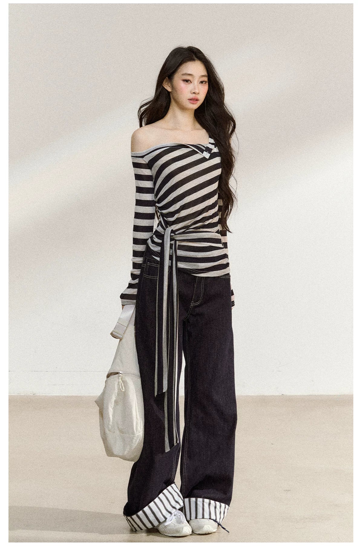 JN's DESIGN - Asymmetrical Striped Long-Sleeve Top with Tie Detail