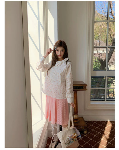 “Pudding Bear Letter” White Teddy Print Lace Blouse