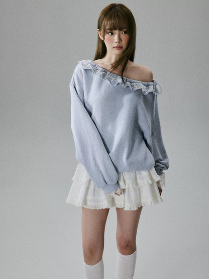 LOST FOREST - Heather Gray One-Shoulder Eyelash Lace Cotton Sweatshirt