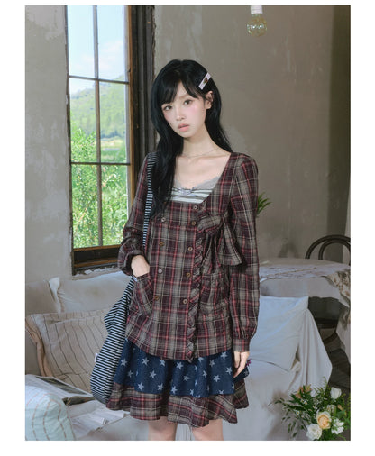 "Sage Whisper" Layered Vintage Collection (Plaid Shirt / Lace Cami / High-Waist Skirt)