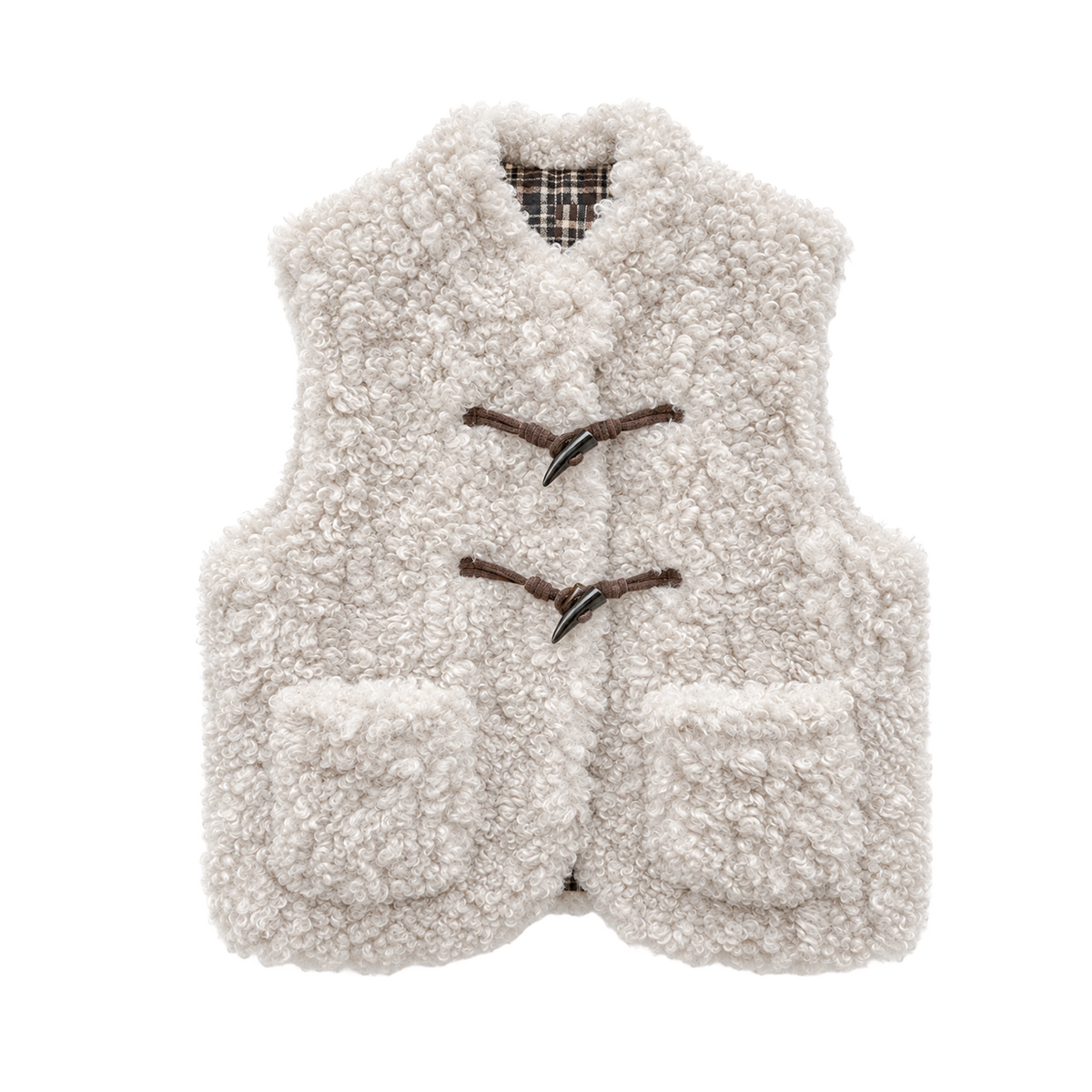 CAN - "The Velvet Alcove" Light Coffee Brown Reversible Plaid Shearling Vest