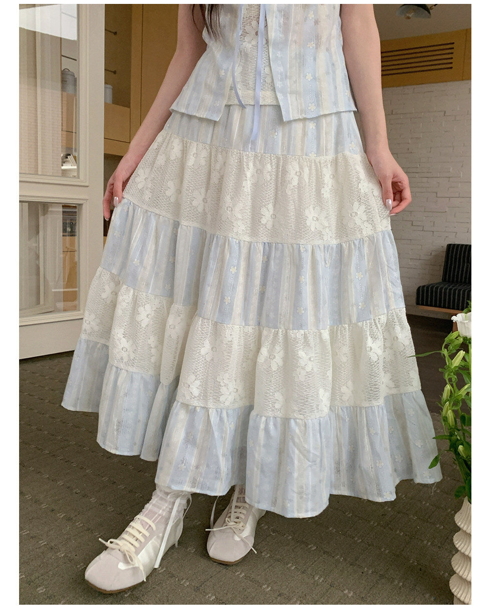 “Sea Salt Reverie” Blue Square Neck Blouse & Lace Tiered Maxi Skirt