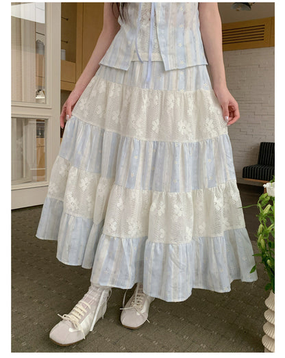 “Sea Salt Reverie” Blue Square Neck Blouse & Lace Tiered Maxi Skirt