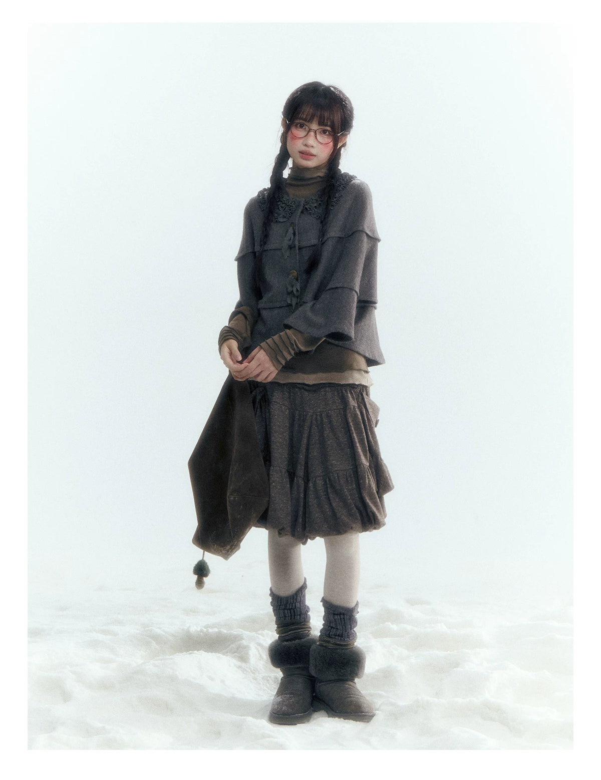 Horridale - Warm Charcoal Gray Knit Cape Poncho with Ruffle Collar