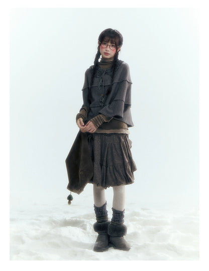 Horridale - Warm Charcoal Gray Knit Cape Poncho with Ruffle Collar