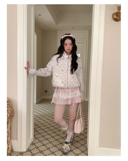 [RF] “Blush Meadow” White & Pink Floral Reversible Jacket and Mini Skirt Set