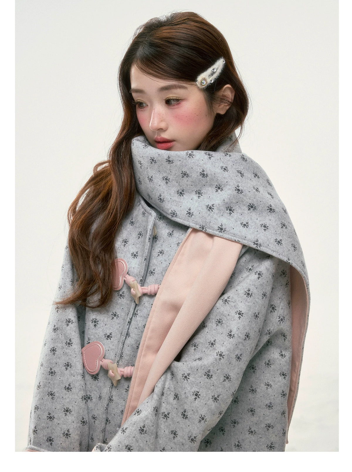 BIBIBENCY - Gray Floral Scarf-Trim Wool-Look Coat