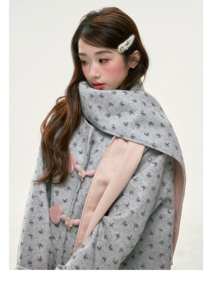 BIBIBENCY - Gray Floral Scarf-Trim Wool-Look Coat