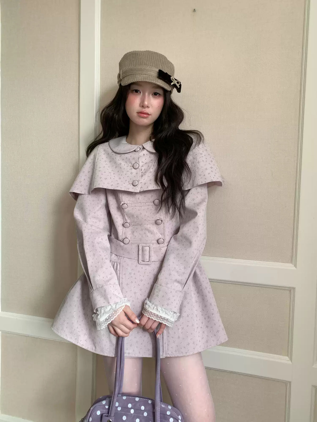 [RF] “Taro Cloud” Pink Double-Breasted Waist-Defined Cape Coat