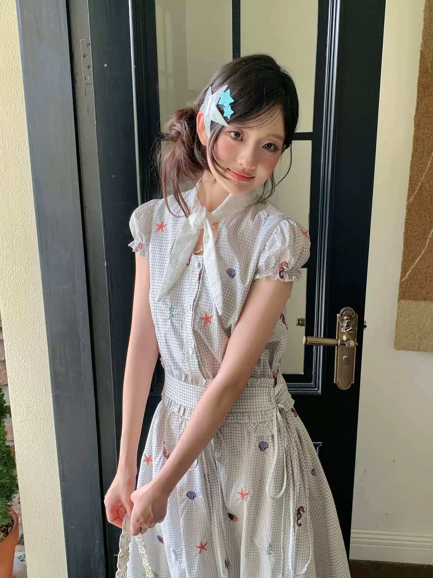 “Seaside Plaid Isle” Ocean Plaid Bubble Hem Dress