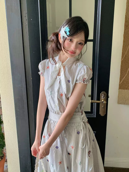 “Seaside Plaid Isle” Ocean Plaid Bubble Hem Dress