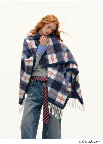 ASGONY - Navy Plaid Fringe Wrap Scarf