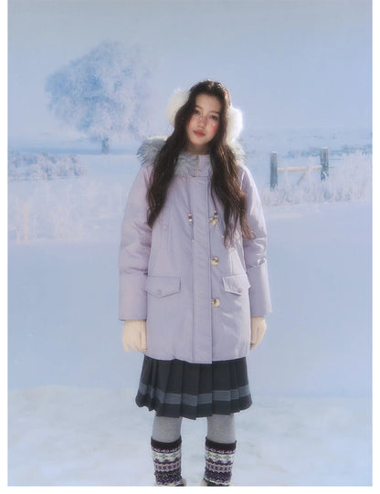 CANSTORE - "Voyage Day" Light Lavender Mid-Length Down Coat with Detachable Faux Fur Collar