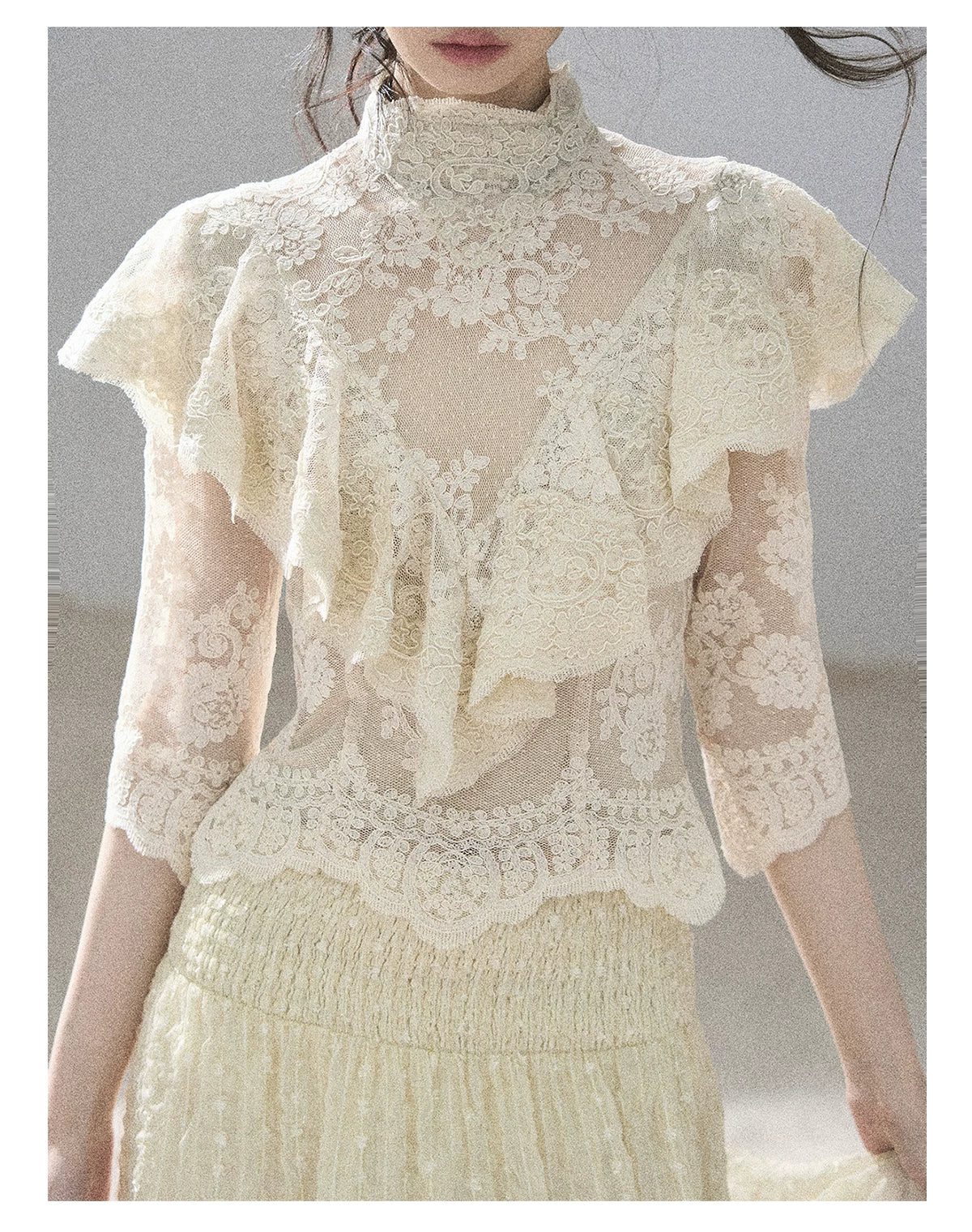 "Translucent Bloom" Dutch Cheese Lace Cropped Top