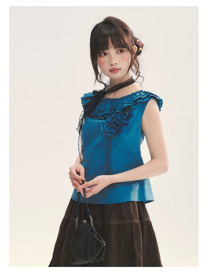 "Bluebell" Peacock Blue Lace Embroidered Fitted Sleeveless Top