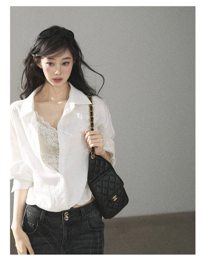 AOMALM - "Wandering Sunlight" Almond Beige Faux Two-Piece Lace Shirt Top