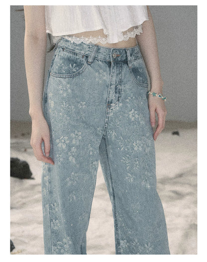 "Twinkling Starlight" Sky Blue Floral Rhinestone Wide-Leg Jeans