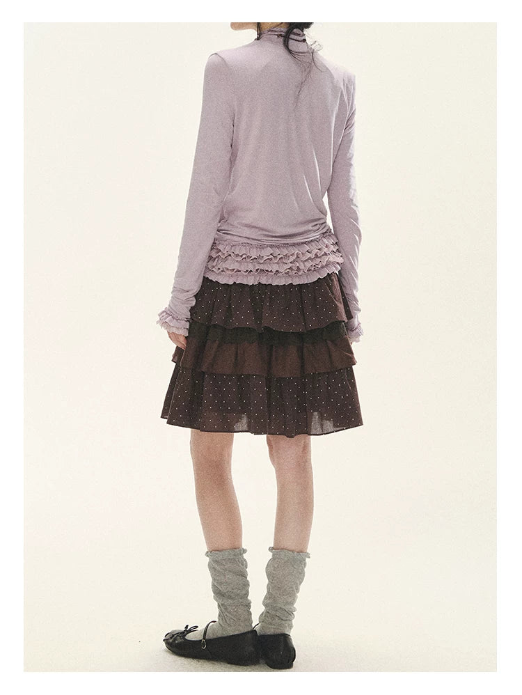 "Caramel Lace Notes" Brown Polka Dot Tiered Lace Midi Skirt