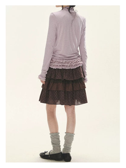 "Caramel Lace Notes" Brown Polka Dot Tiered Lace Midi Skirt