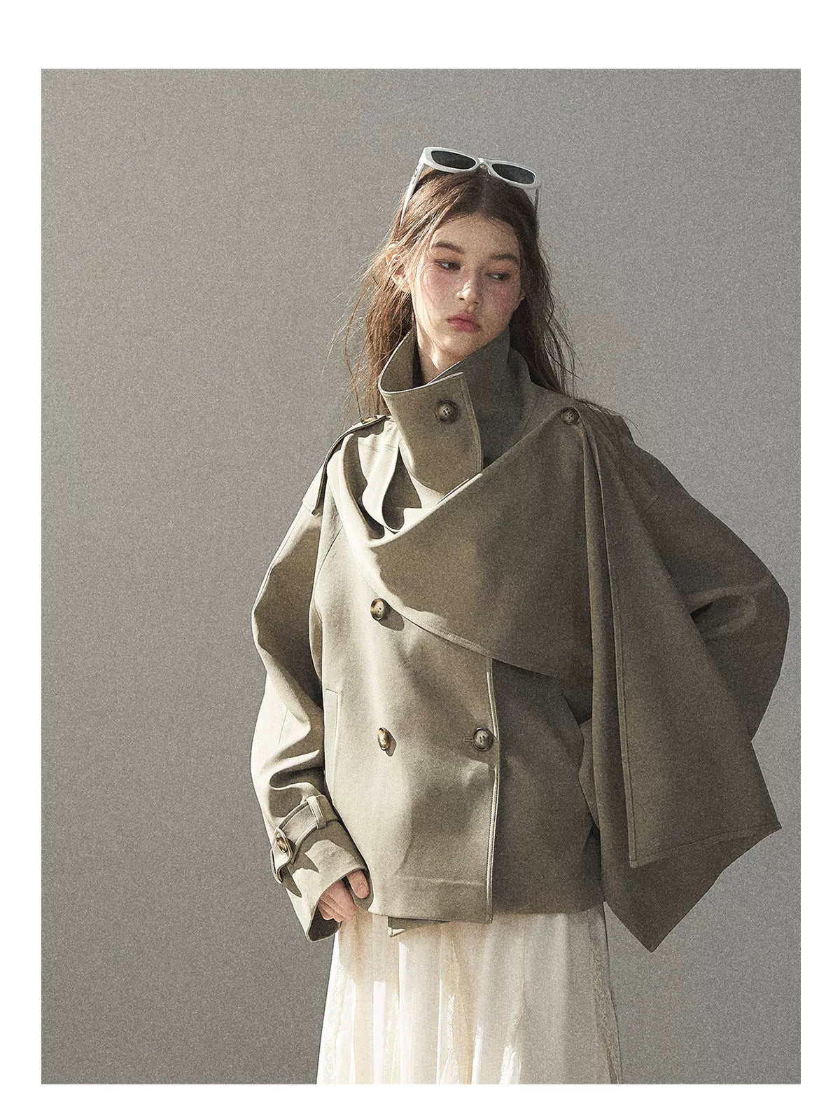 Gray Funnel-Neck Double-Breasted Short Trench Coat