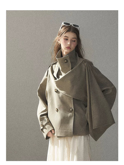 Gray Funnel-Neck Double-Breasted Short Trench Coat