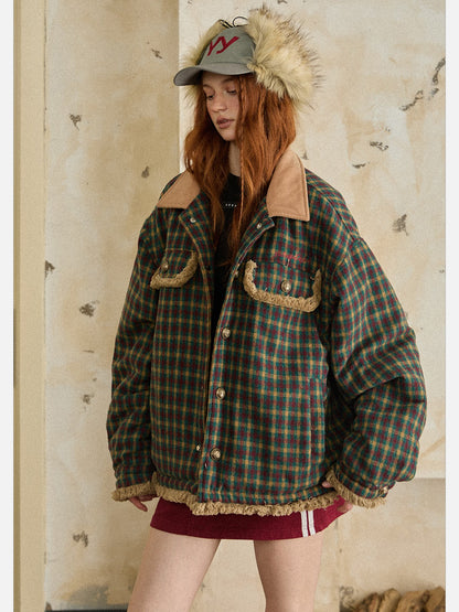 EZEK - Vintage Plaid Varsity Jacket with Contrast Collar