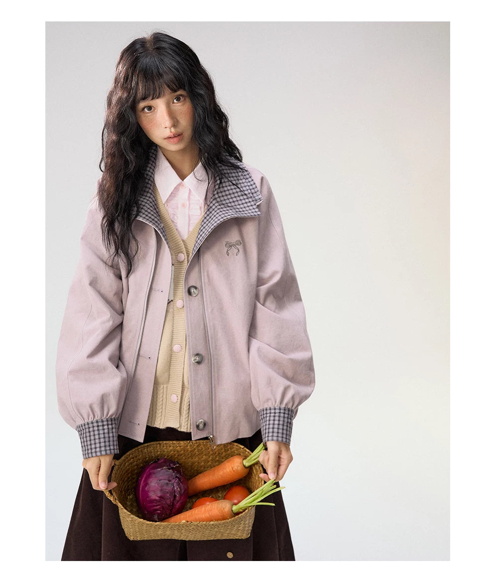 [CAN] "Lavender Plaid Notes" Dusty Purple Plaid Double Collar Cropped Jacket