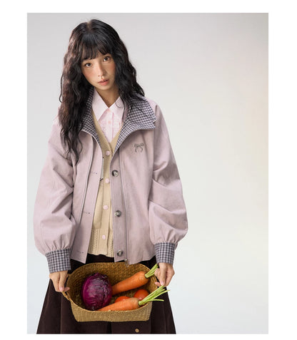 [CAN] "Lavender Plaid Notes" Dusty Purple Plaid Double Collar Cropped Jacket