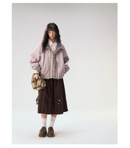 [CAN] "Lavender Plaid Notes" Dusty Purple Plaid Double Collar Cropped Jacket