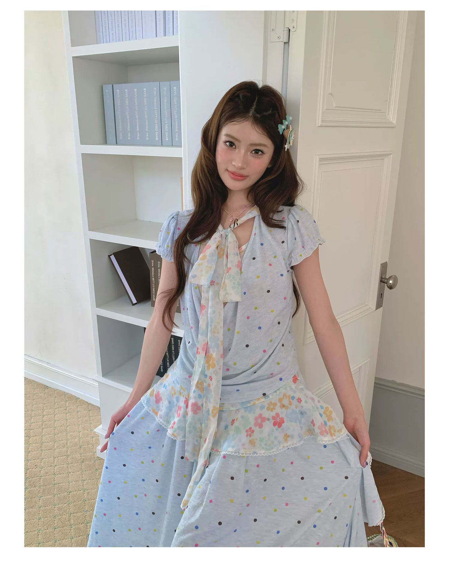 “Sea Salt Blossom Letter” Baby Blue Layered Skirt Set