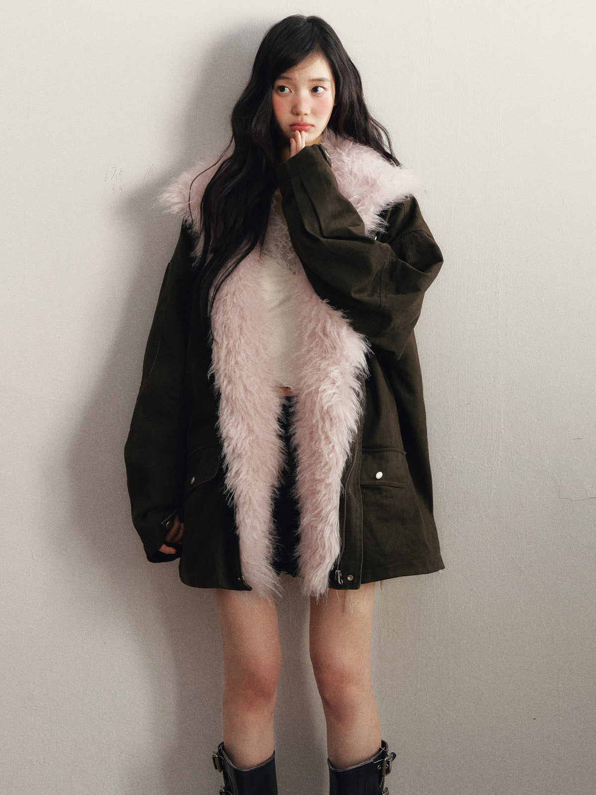 1P - Dark Brown Utility Padded Jacket with Detachable Faux-Fur Collar