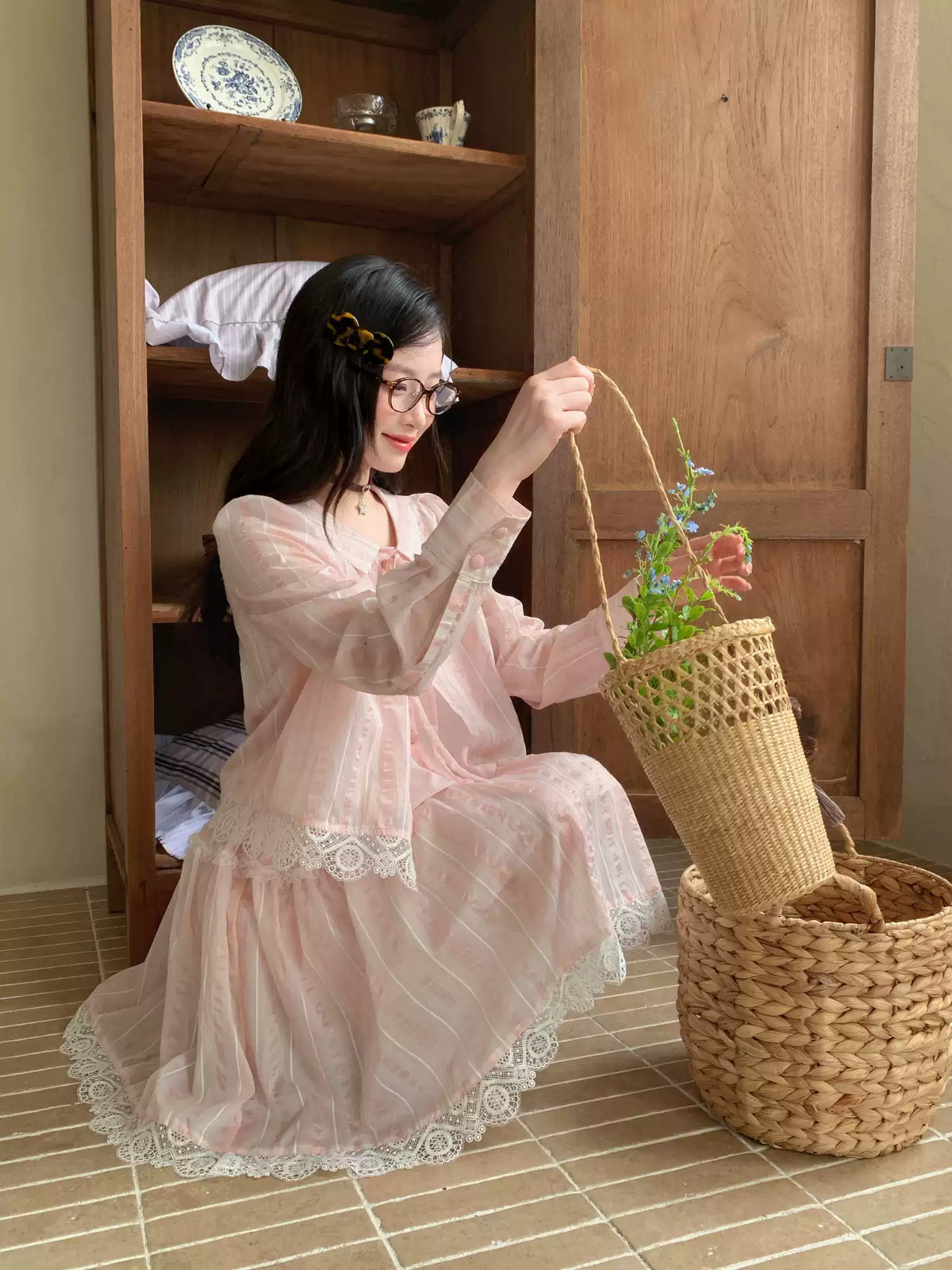 [RF] “Blush Cloud Reverie” Pink Lace-Trim Stripe Blouse & Skirt Set