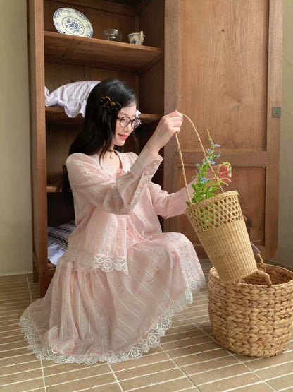 [RF] “Blush Cloud Reverie” Pink Lace-Trim Stripe Blouse & Skirt Set