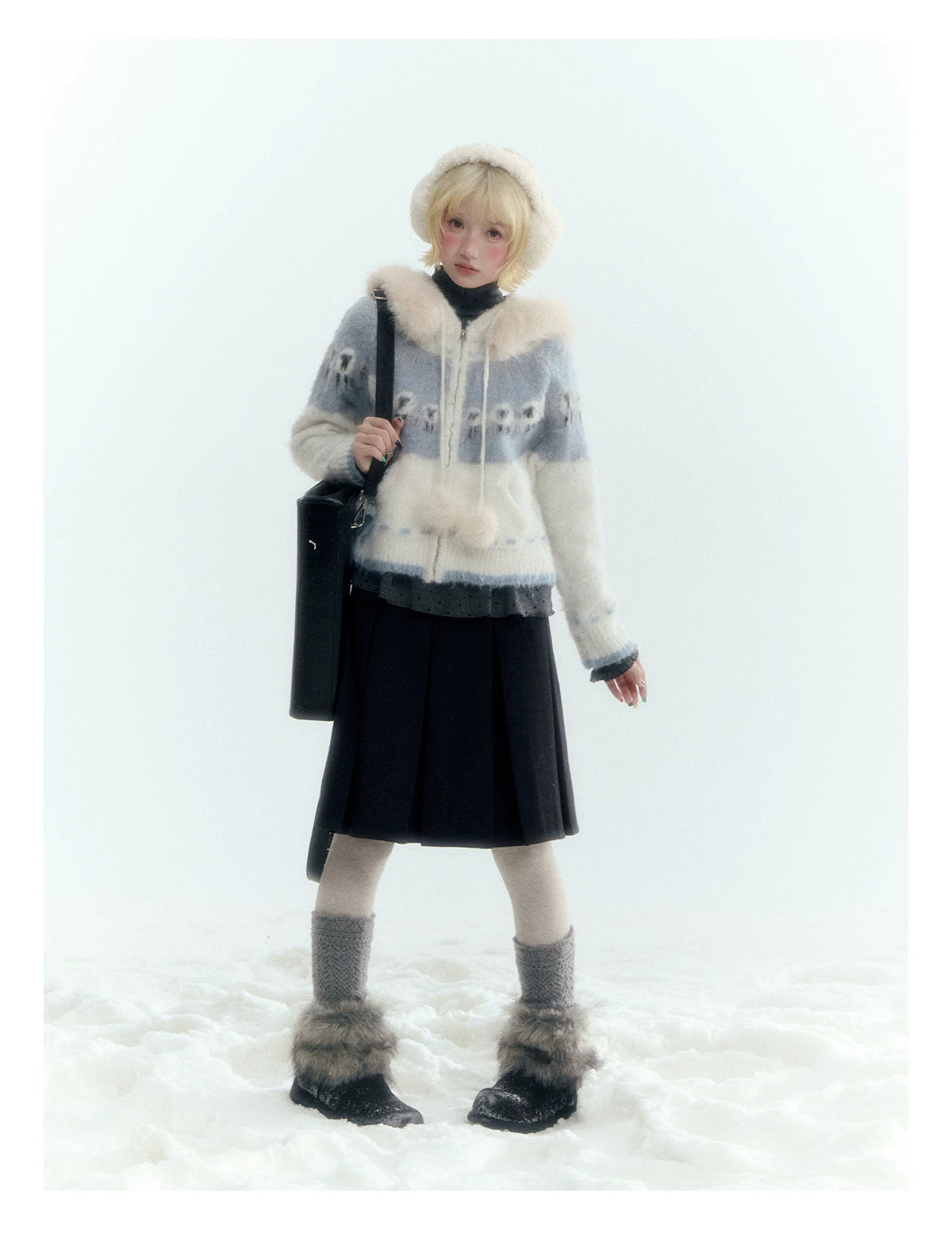 Horridale - Ice Blue White Sheep Jacquard Hooded Knit Cardigan