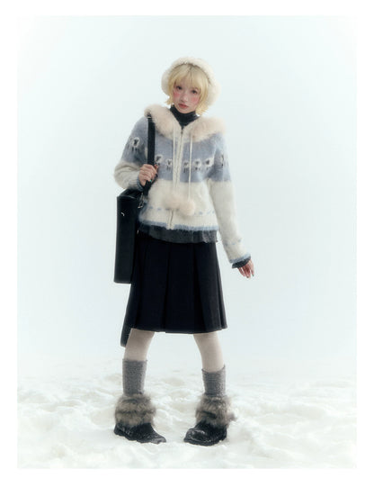 Horridale - Ice Blue White Sheep Jacquard Hooded Knit Cardigan