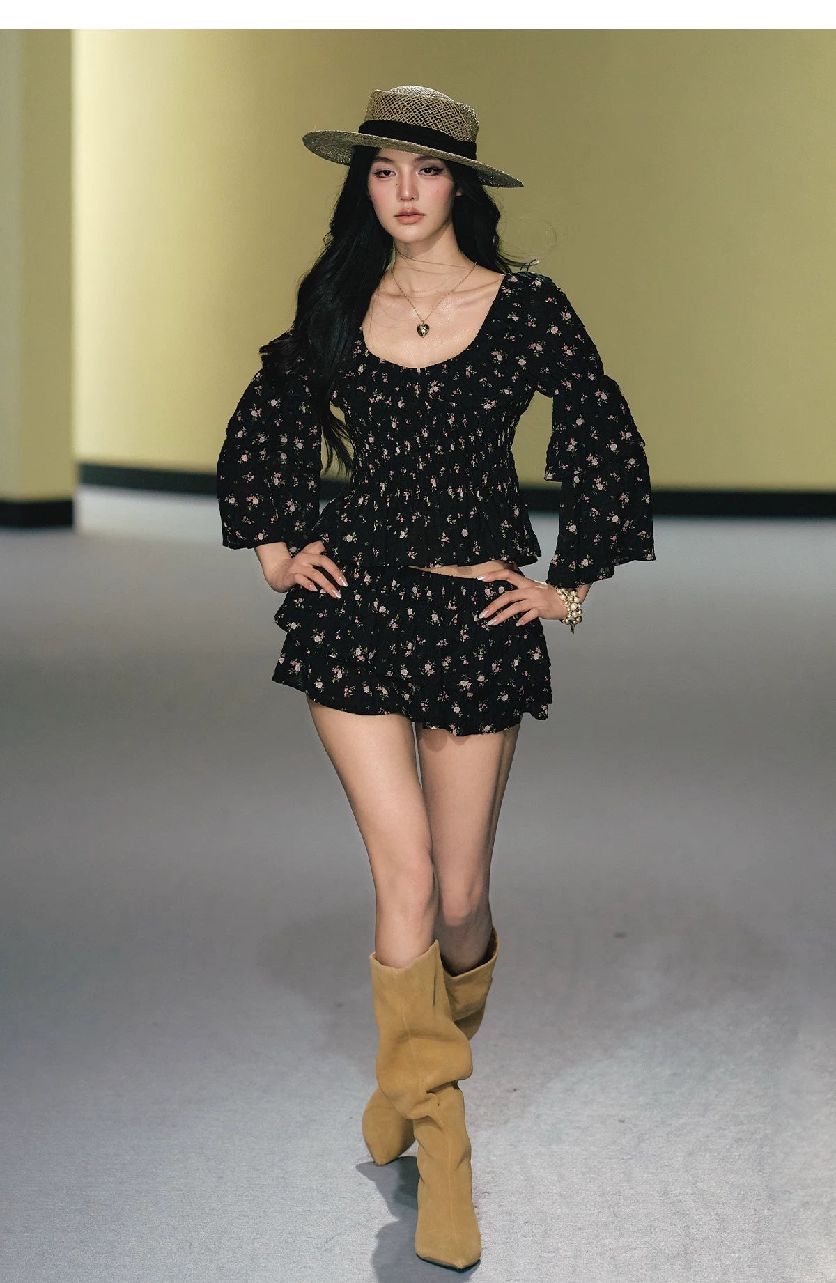 "Midnight Tea Garden" Black Floral Ruffle Blouse & Tiered Mini Skirt Set