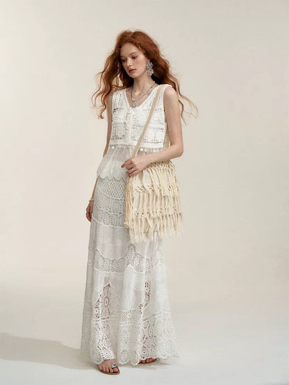 White Floral Embroidery Crochet-Detail Blouse