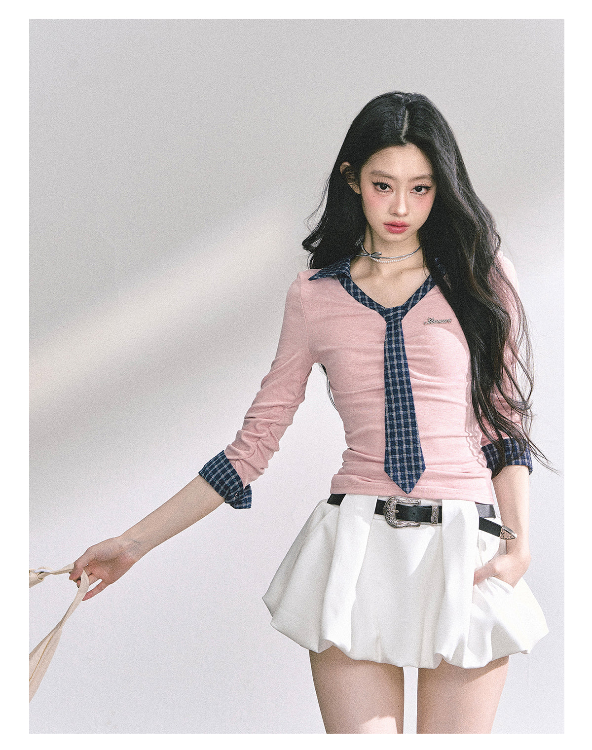 少也眼 "Han Gao Rolecard" Dual-Layer Illusion V-Neck Plaid Waist-Slimming Tee - Pink