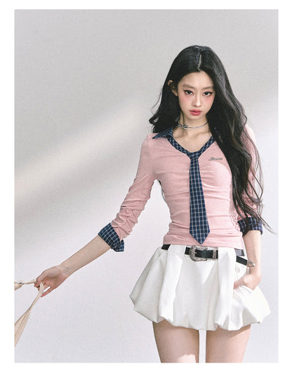少也眼 "Han Gao Rolecard" Dual-Layer Illusion V-Neck Plaid Waist-Slimming Tee - Pink