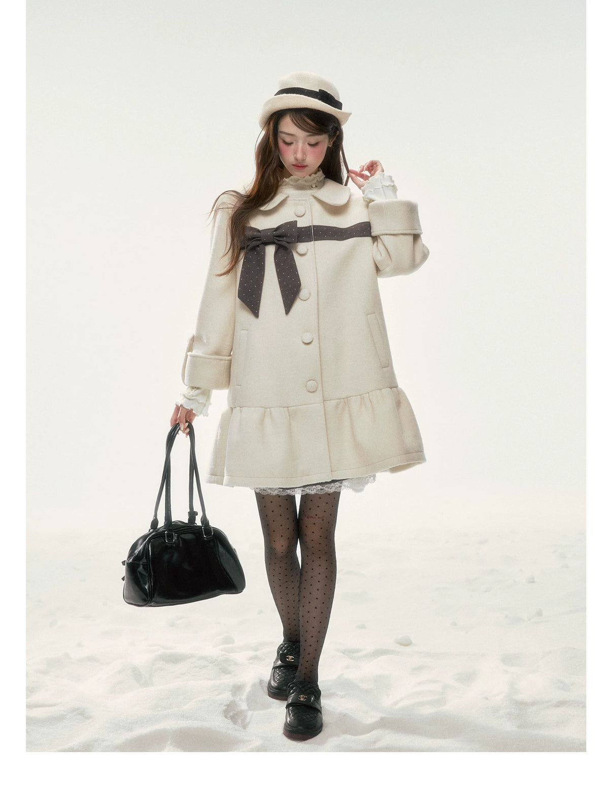 BIBIBENCY - Ivory Wool-Blend Coat with Gray Bow Detail