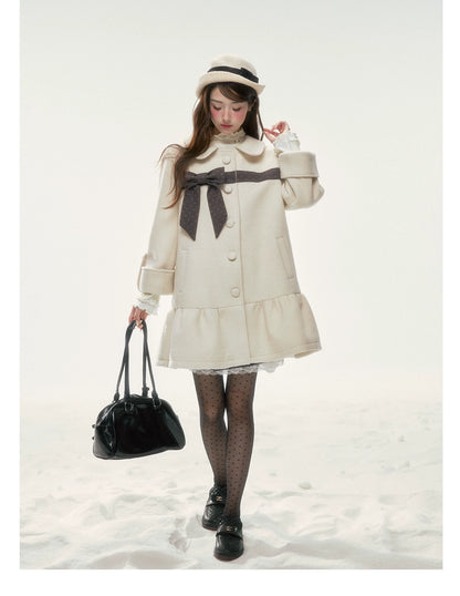 BIBIBENCY - Ivory Wool-Blend Coat with Gray Bow Detail
