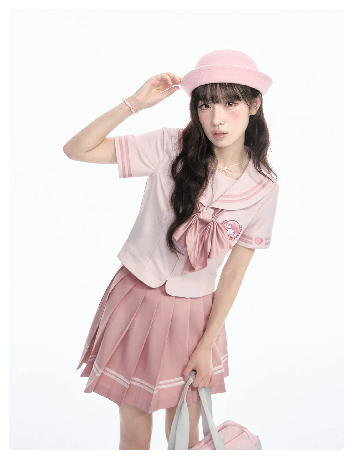 "Cherry Melody" Pink Sailor Uniform Set (Sailor Collar Shirt + Pleated Skirt + Ribbon Bow)