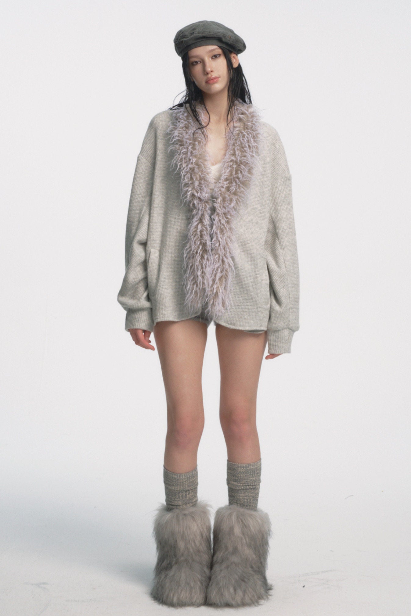 Muirgen - Ice Grey Waffle-Knit Wool Cardigan Jacket with Faux Fur Collar