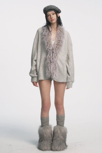 Muirgen - Ice Grey Waffle-Knit Wool Cardigan Jacket with Faux Fur Collar