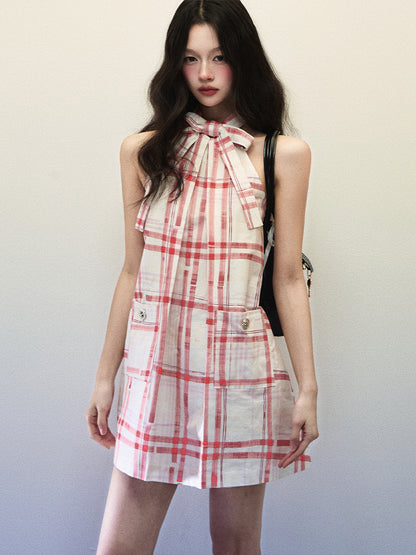 1P - “LALISA” Cherry Plaid Halter Bow Cotton Mini Dress
