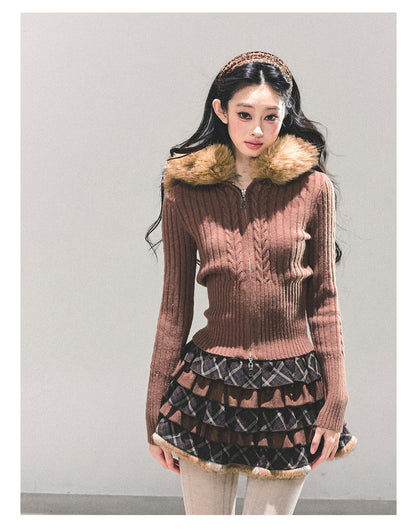 少也眼 “Sunset Left Behind” Knit Sweater Hoodie with Detachable Fur Trim 143685435