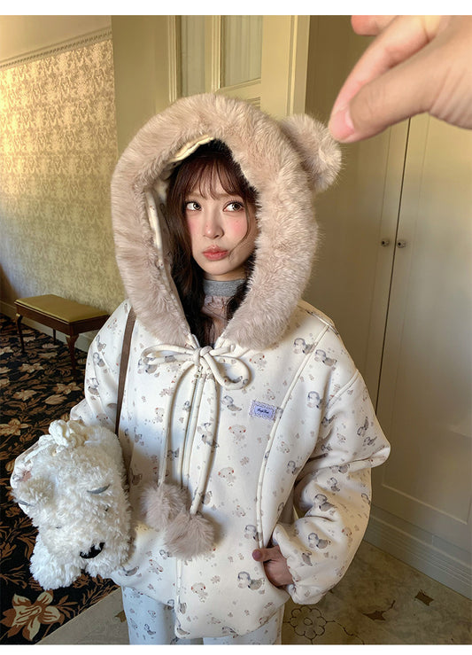 阮阮自制 - Honey Bear Ivory Plush Padded Jacket & Fleece Pants Set