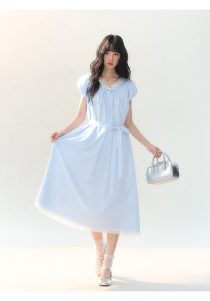 [CAN] "Cloud Daydream" Sky Blue Plaid Lace V-Neck Puff Sleeve Dress