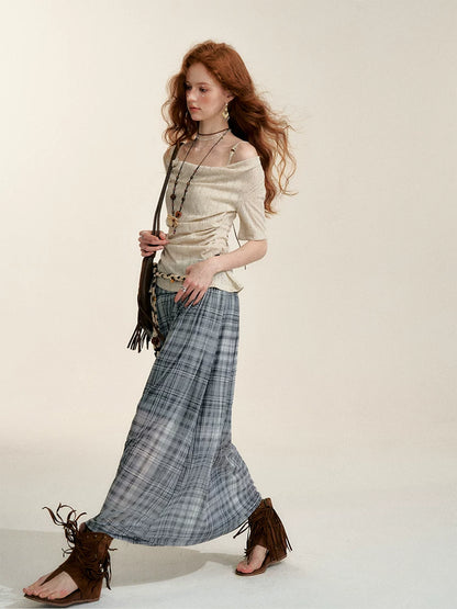 Gray Contrast Plaid A-Line Maxi Skirt