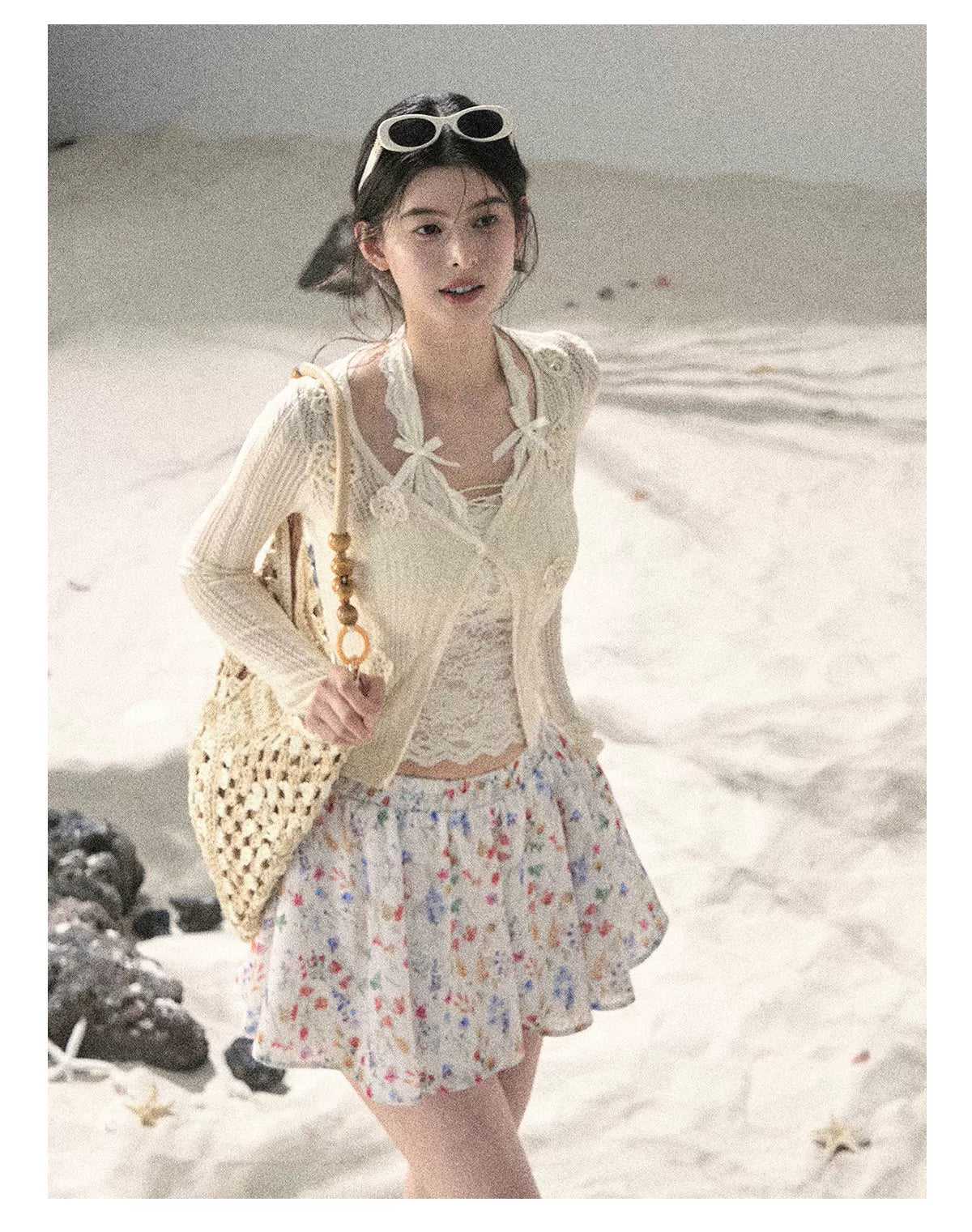 "Blooming Floral Reverie" Cream Ivory Floral A-Line Mini Skirt